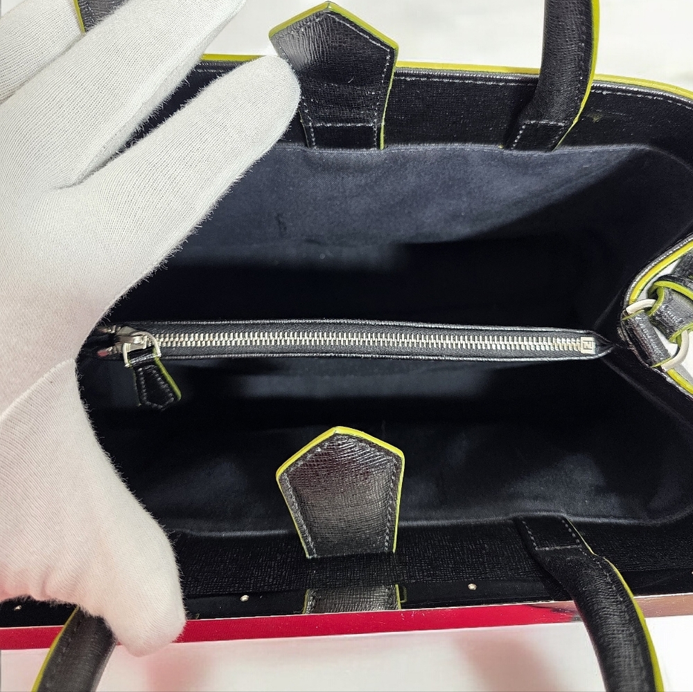 Fendi 2Jours Black Leather Tote Crossbody Bag Multicolor Shearling Logo - Picture 10 of 16